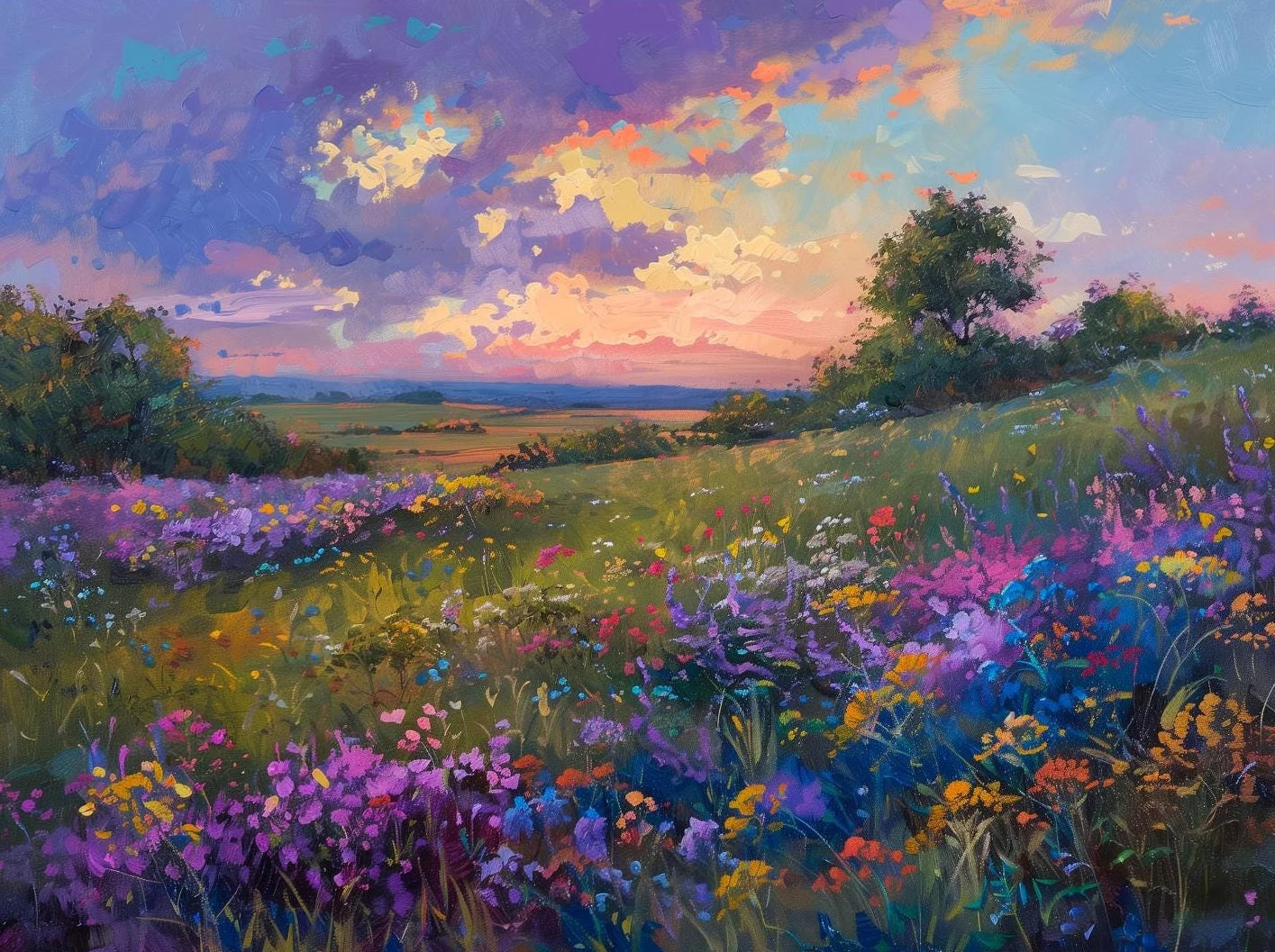 Wildflower Field Landscape Oil Poster Vintage Rustic Moody Autumn Country Scenery Canvas Painting Wall Art for Room Home Deco Peaceful Pleasures Health and Wellness 5 40x50cm Unframed
