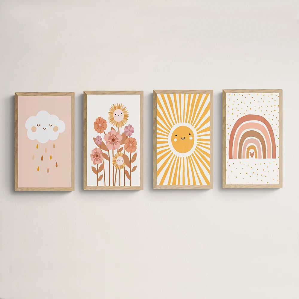 Colorful Rainbow Sun Cloud flower Poster Prints Wall Art Boho Style Canvas Painting for Child Nursery Decoration Girl Room Art Peaceful Pleasures Health and Wellness QP10800-4pcs 20X30cm No Frame