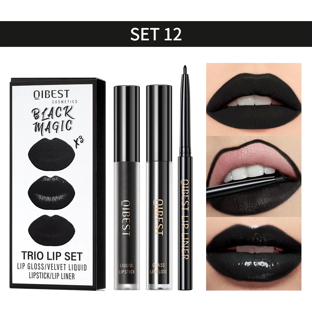 QIBEST Hots 3pcs Liquid Lipstick And Lip Liner Makeup Sets Nude Velvet Lip Gloss Lip Tint Lasting Black Lip Glaze Cosmetics Kits Peaceful Pleasures Health and Wellness SET 12