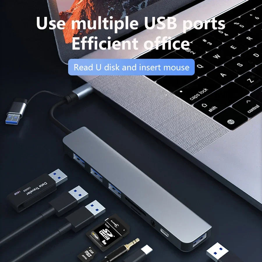 GGBEE 8-in-2 USB-C Hub – 4 USB Ports & SD Card Reader