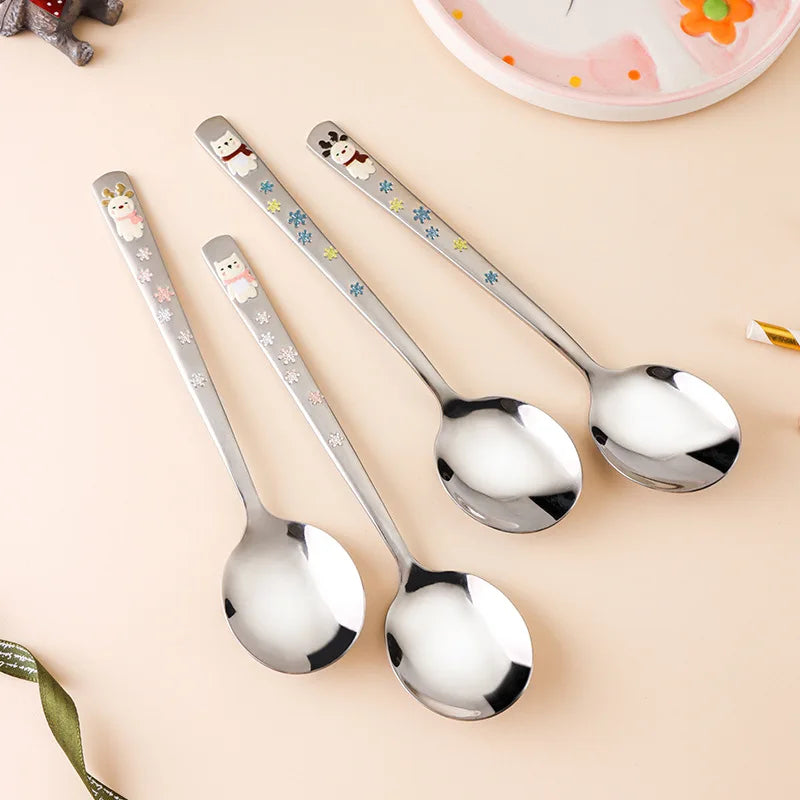 Hot 304 Stainless Steel Round Spoon Cartoon Embossed Deer Spoon Korean Style Household Long Handle Drinking Spoon Peaceful Pleasures Health and Wellness