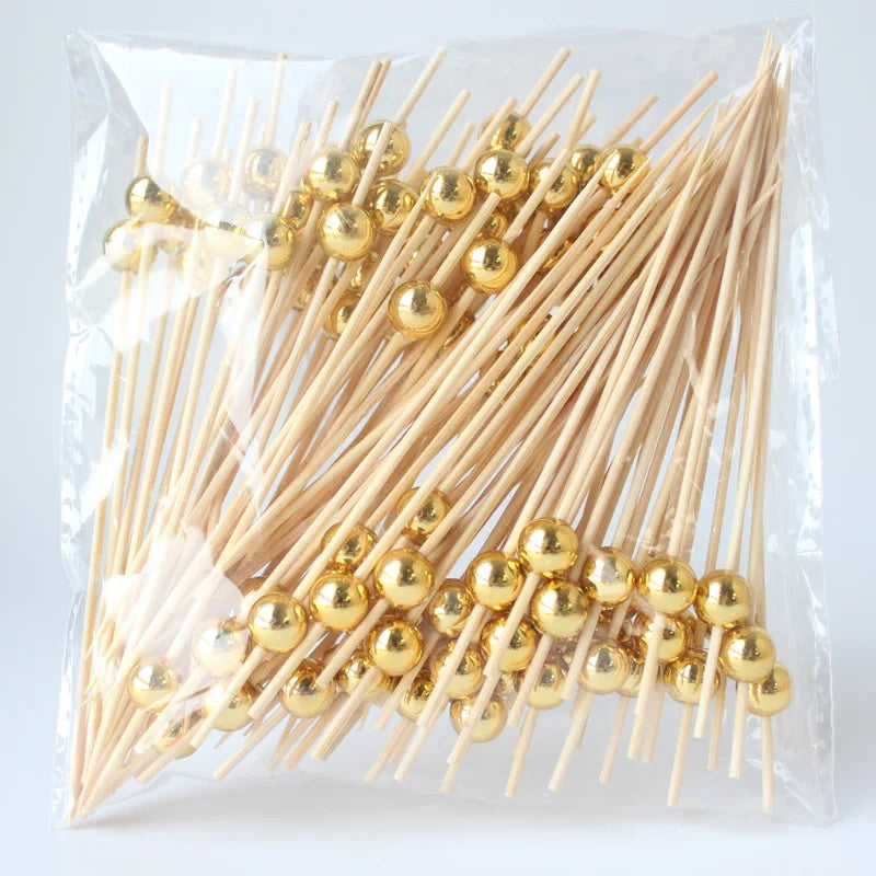100pcs Pearl Bamboo Skewers | Gold Silver White Party Picks