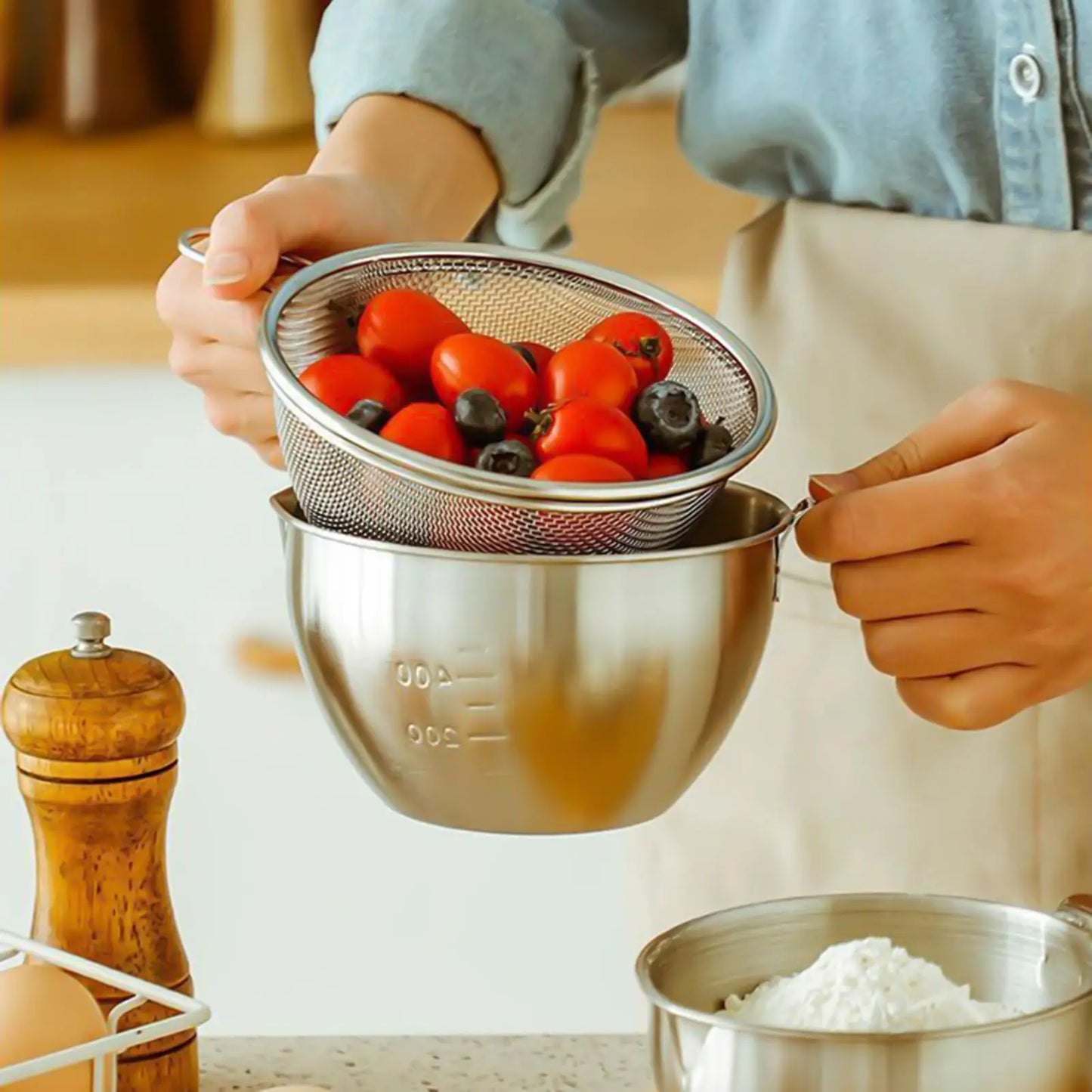 Salad Bowl With Strainer Stainless Steel Mixing Baskets With Handle 400ml Washing Bowls With Colander For Kitchen Home Apartment Peaceful Pleasures Health and Wellness