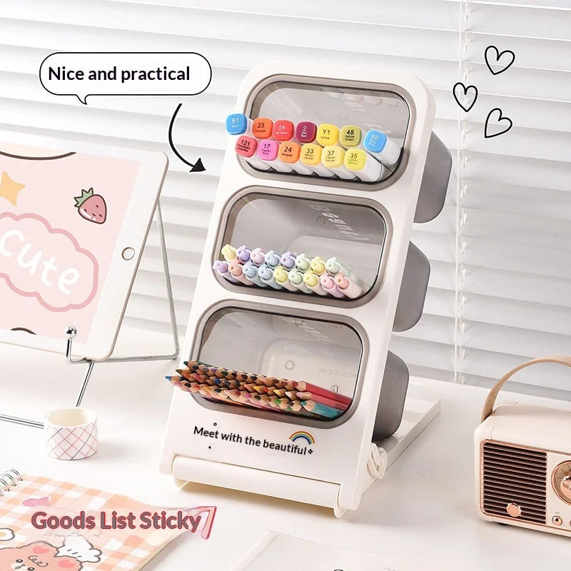 Stylish High Capacity Slant Plug-in Pen Holder Desktop Organizer Multi-layer Student Stationery Storage Box for Office School Peaceful Pleasures Health and Wellness