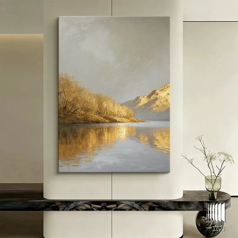 Hand Painted Canvas Oil Painting Abstract Gold Mountains TreesLandscape Poster Wall Art Picture Home Decor Mural For Living Room Peaceful Pleasures Health and Wellness
