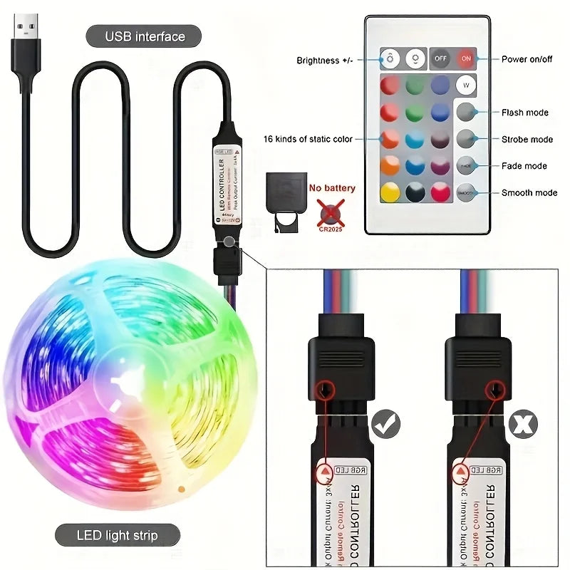 RGB LED Strip Lights 5V USB 24-Key Remote – TV & Bedroom