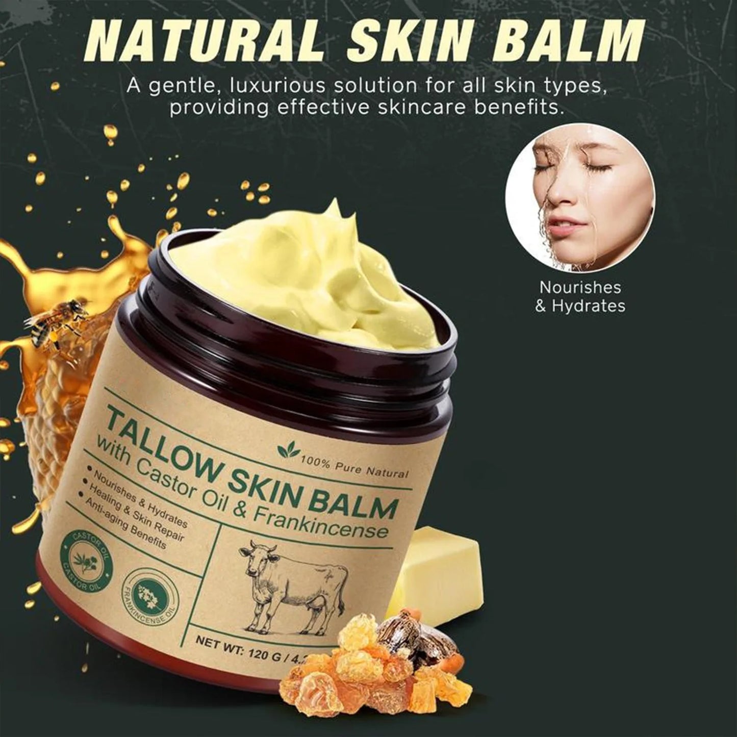 Natural Tallow Face Moisturizer Beeswax Grass-Fed Whipped Tallow Honey Cream Moisturizing Nourish Fast Absorbing Body Skin Care Peaceful Pleasures Health and Wellness