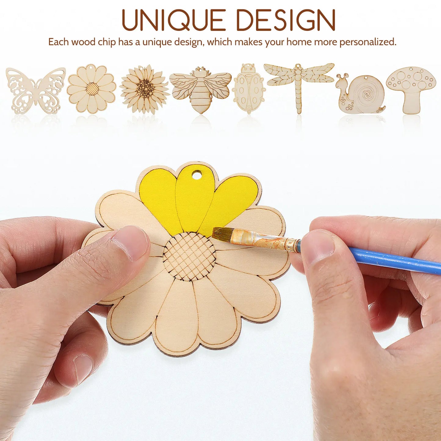 40Pcs Unfinished Wooden Flowers Insects Hanging Cutouts DIY Wooden Crafts Painting Shapes Wood Slices Jute Rope Rustic Wall Peaceful Pleasures Health and Wellness
