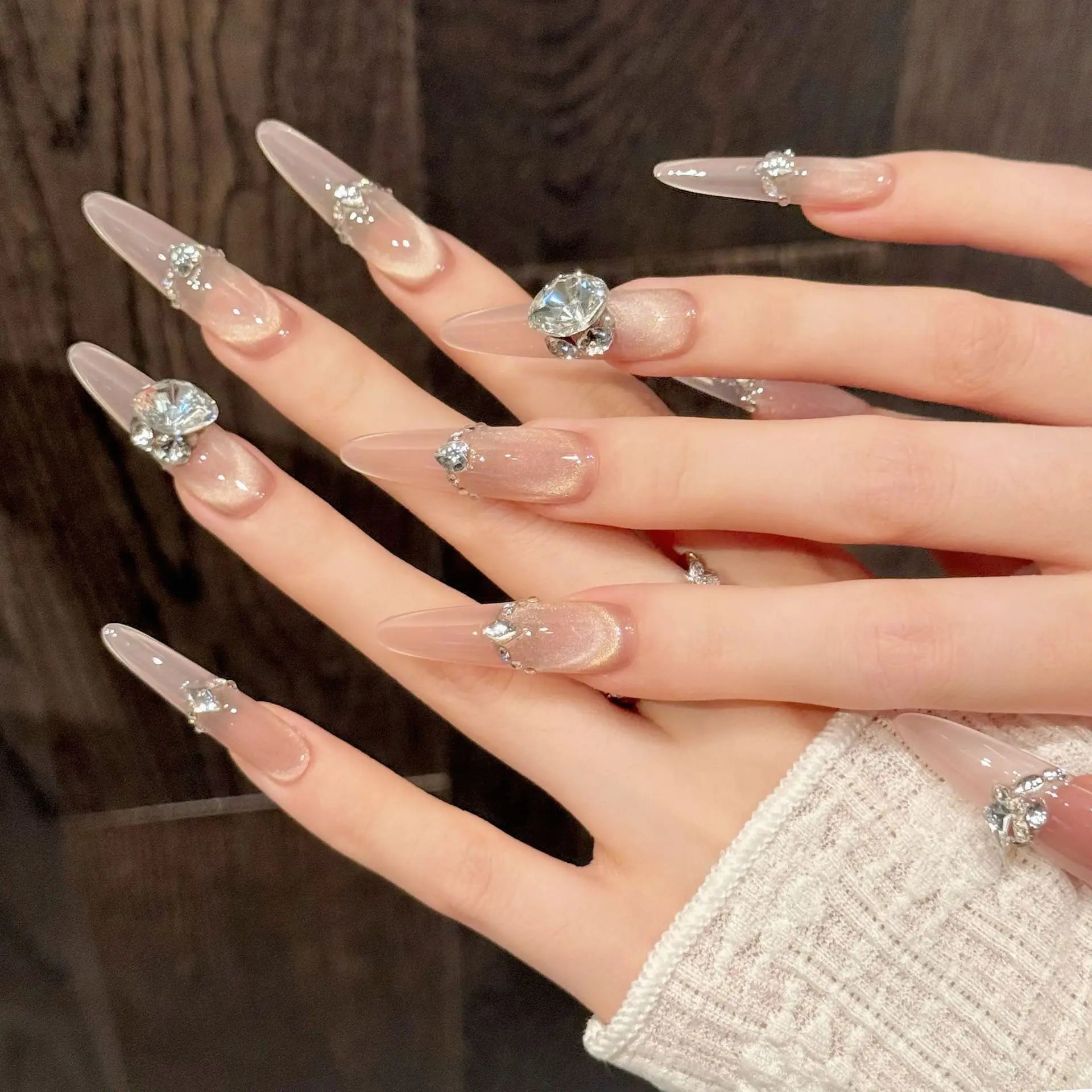 10pcs Handmade Champagne Flash Anti-French Press on Nails Cat's Eye Fake Nails Luxury Wearable Long False Nails K9 Diamond Decor Peaceful Pleasures Health and Wellness