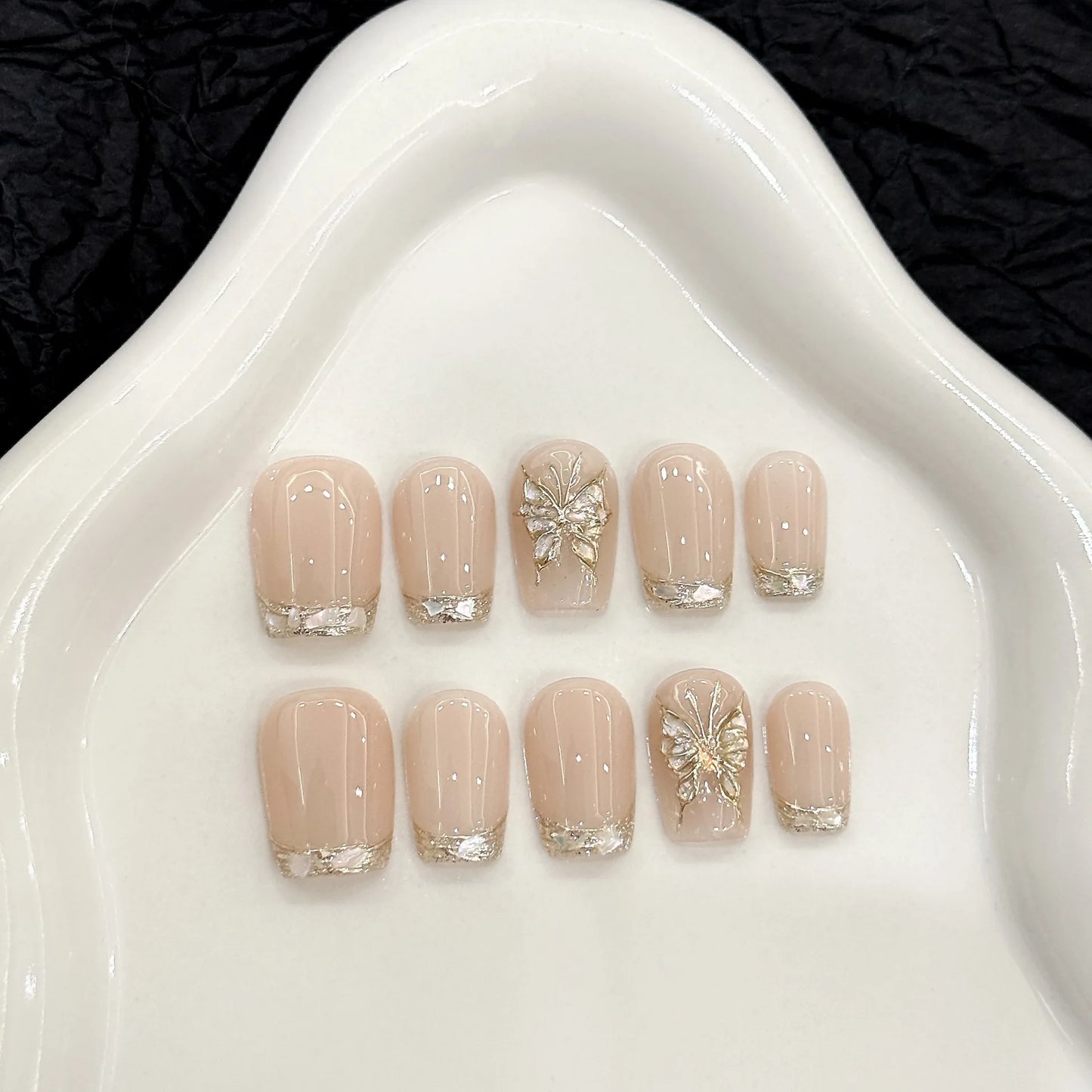 10pcs Handmade Short French Press on Nails with Gold Butterfly Design Fake Nails Wearable Reusable Fashion Nude False Nail Tips Peaceful Pleasures Health and Wellness S 1