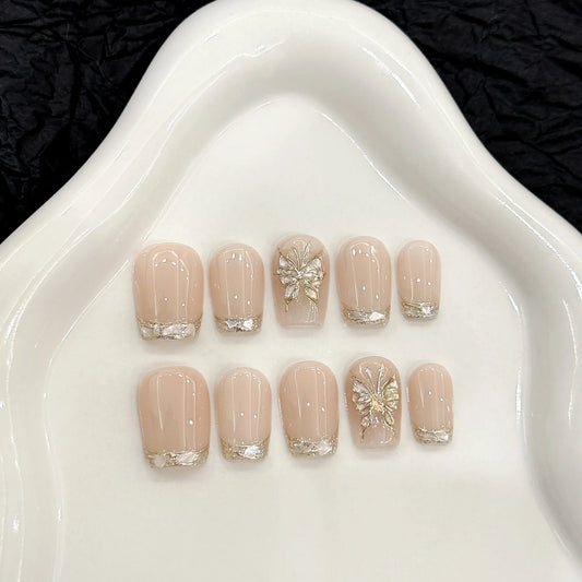 10pcs Handmade Short French Press on Nails with Gold Butterfly Design Fake Nails Wearable Reusable Fashion Nude False Nail Tips Peaceful Pleasures Health and Wellness S 1