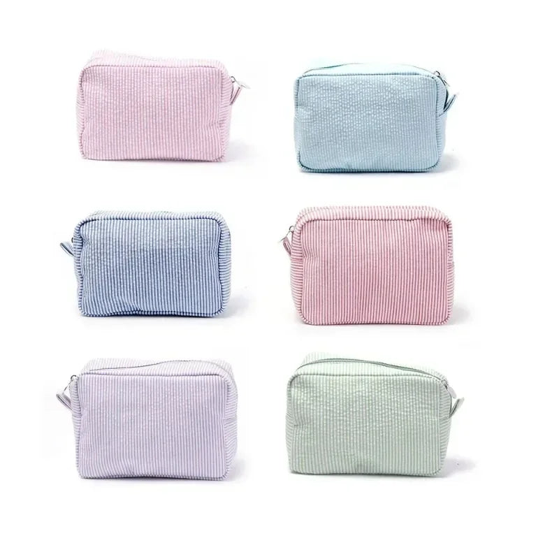 Seersucker Ruffle Cosmetic Bag – Pink & Purple Makeup Bag Cosmetic Makeup Bag Peaceful Pleasures Health and Wellness