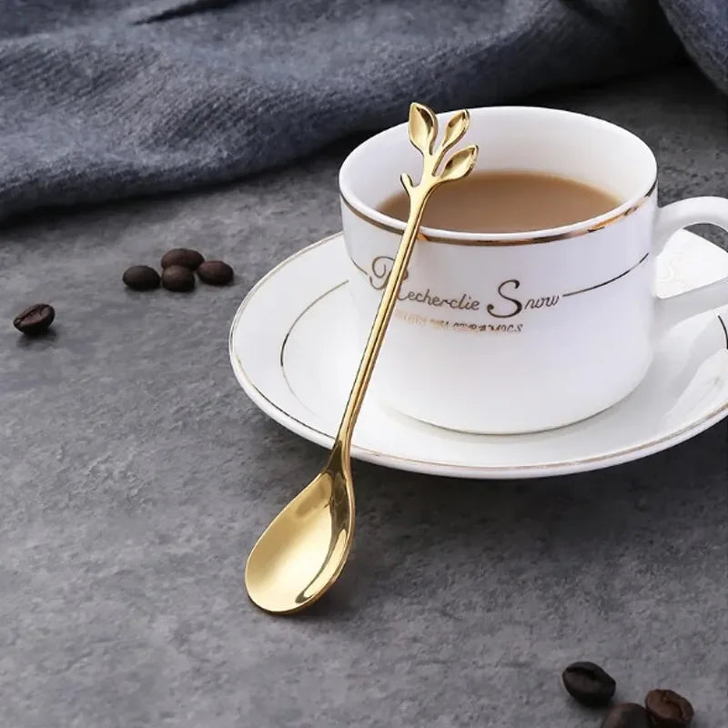 6PCS Creative Personality Stainless Steel Gold Spoons Tree Leaf Spoon Coffee Spoon Tea Spoon Home Restaurant Dessert Cutlery Set Peaceful Pleasures Health and Wellness