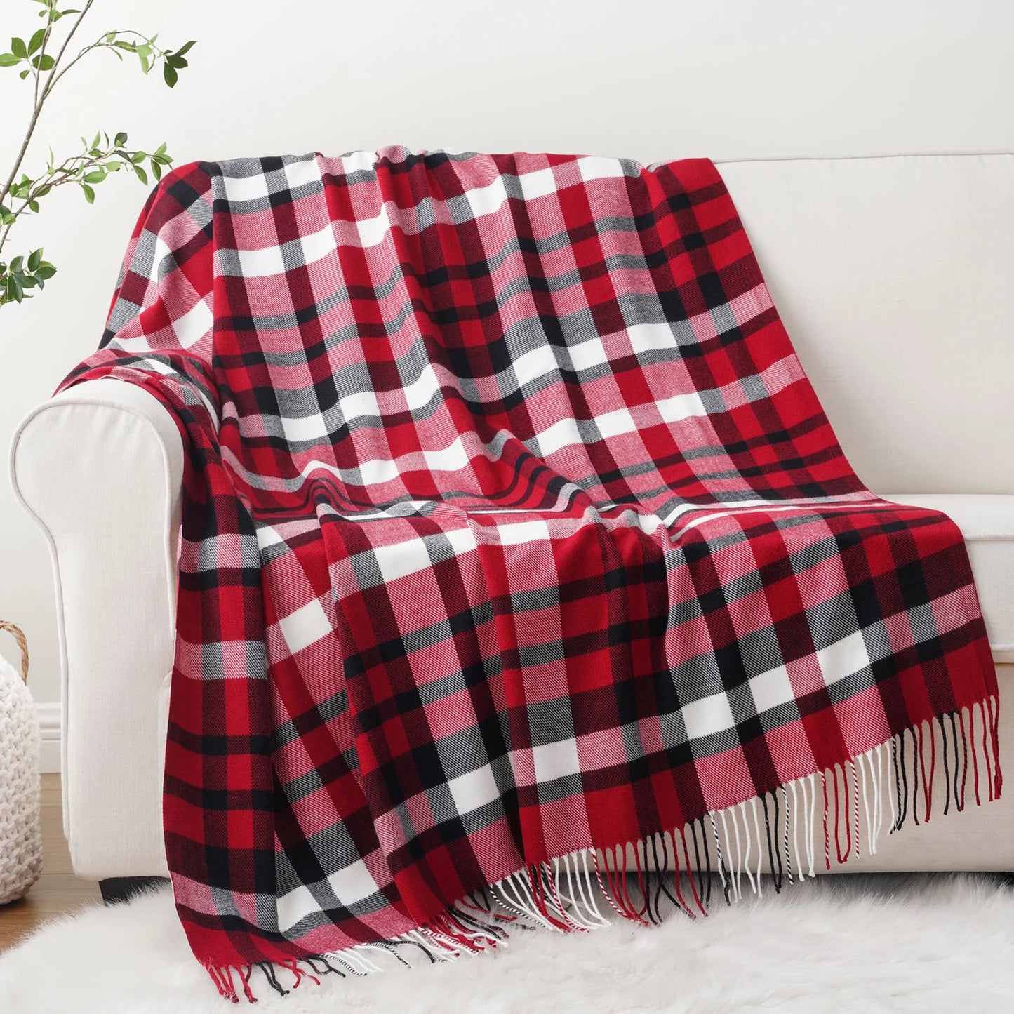 Battilo Plaid Knit Throw Blanket | Beige Tassel Sofa Blanket