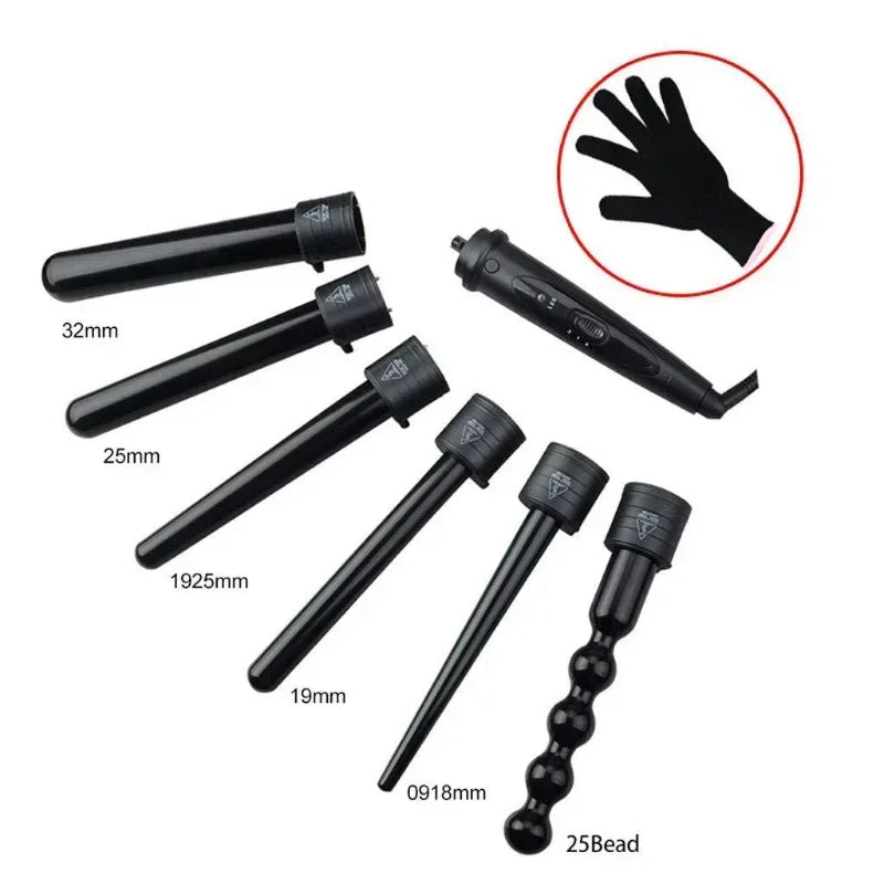 6-in-1 Interchangeable Ceramic Hair Curling Iron Set + Glove