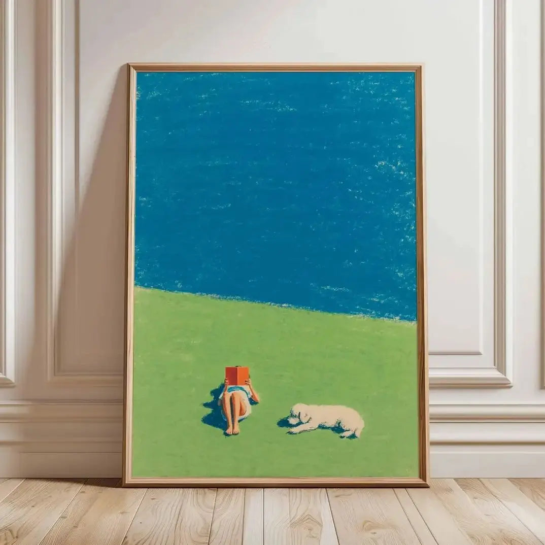 Summer Reading Poster, Minimalist Beach Lawn Wall Art, Relaxed Dog and Book Print, Modern Seaside Inspired Artwork, Coastal H Peaceful Pleasures Health and Wellness TR261127 40x50cm Unframed