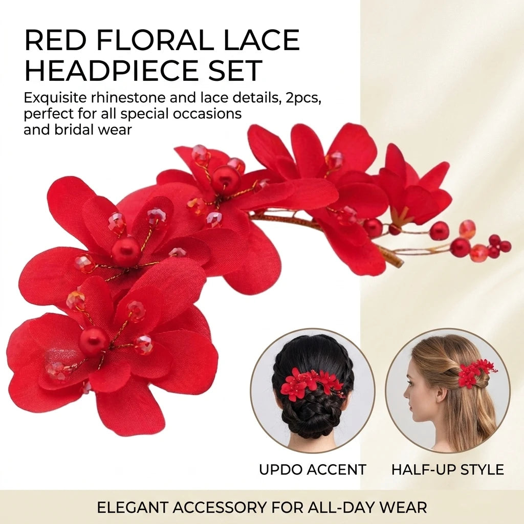 Red Rhinestone Lace Hair Accessories 2pcs Double Layer Design Comfortable Fit for Wedding Party Peaceful Pleasures Health and Wellness