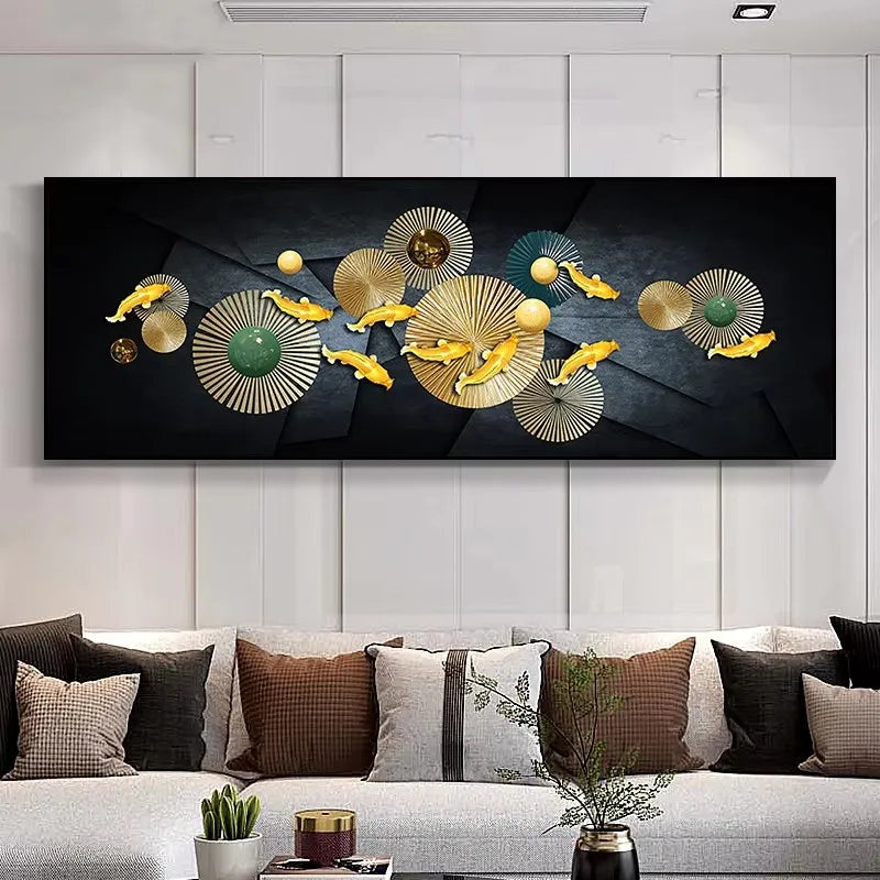 Large Wall Decorative Painting on Canvas Chinese Style Koi Poster Nine Fish Illustration Feng Shui Carp Lotus Pond Home Decor Peaceful Pleasures Health and Wellness ZLH3497 80x240cm Unframed