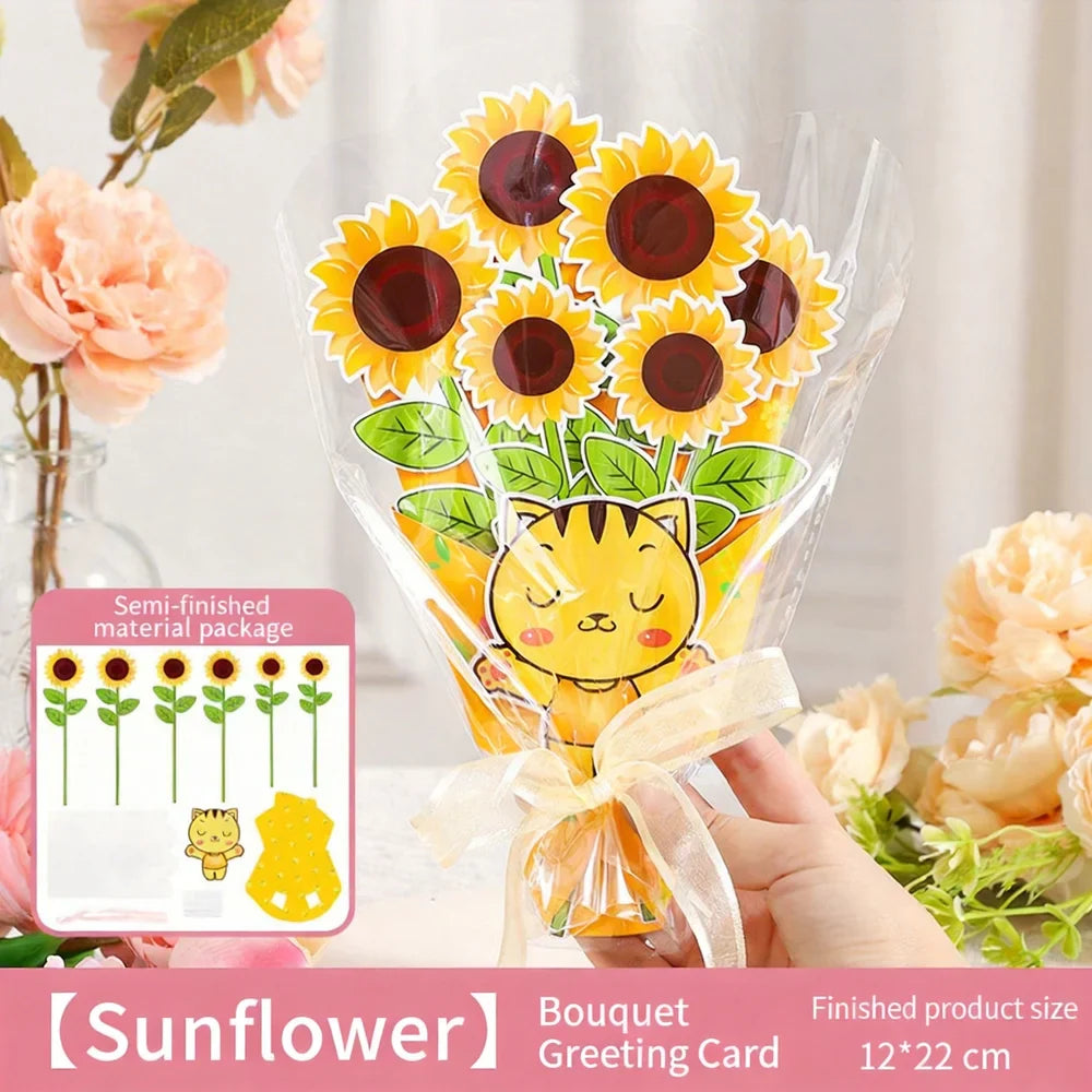 3D DIY Flower Bouquet Greeting Card Paper Craft Kit with Ribbon