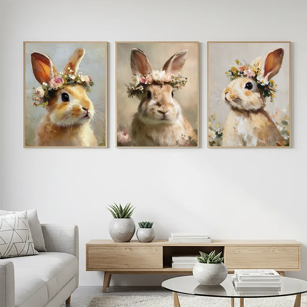 Vintage Floral Rabbit Canvas Wall Art | Bunny Flower Crown Print Canvas Wall Art Peaceful Pleasures Health and Wellness