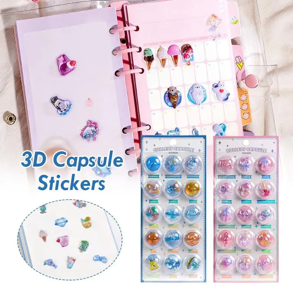 Creative 3D Capsule Embossed Crystal Sticker Kawaii 3D Relief Stickers Scrapbooking DIY Journal Cute Stationery School Sticker Peaceful Pleasures Health and Wellness