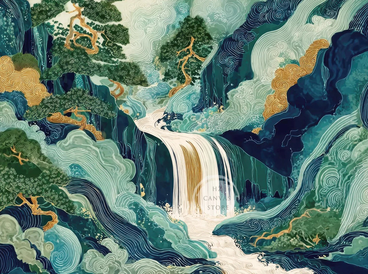 Hokusai Waterfall Oil Painting Print Japanese Ukiyo-e Blue Green Wall Art Modern Canvas Poster Living Room Bedroom Home Decor Peaceful Pleasures Health and Wellness gh3-4 20x30cm