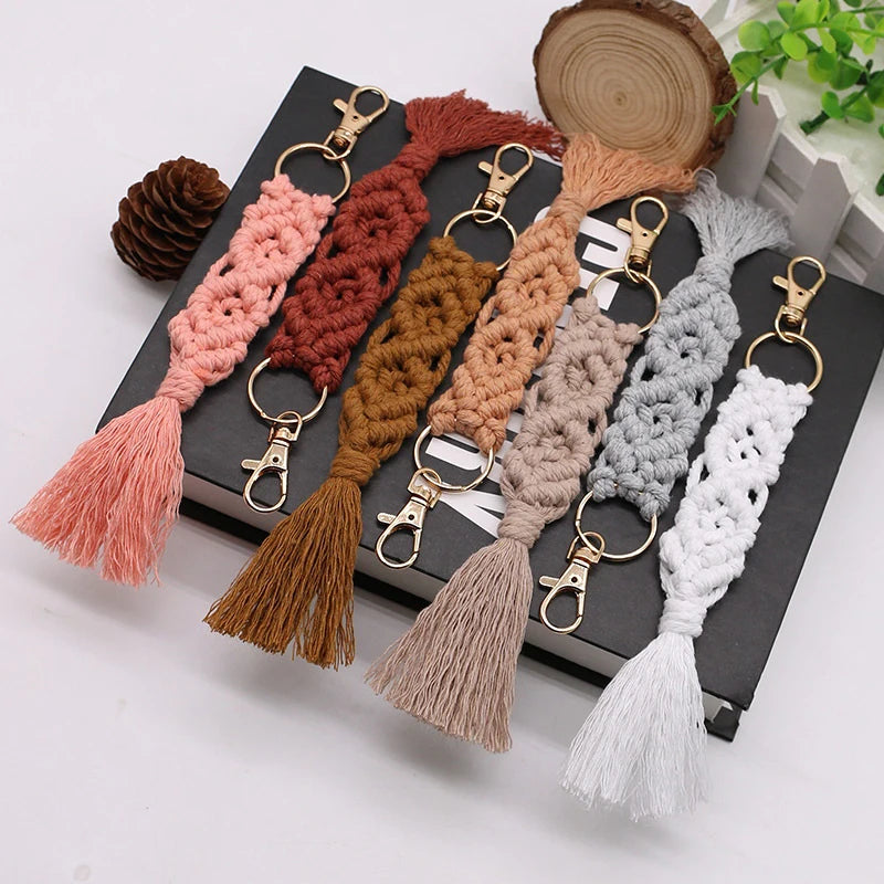 Boho Macrame Braided Keychain Wristlet Bracelet Key Fob Strap
