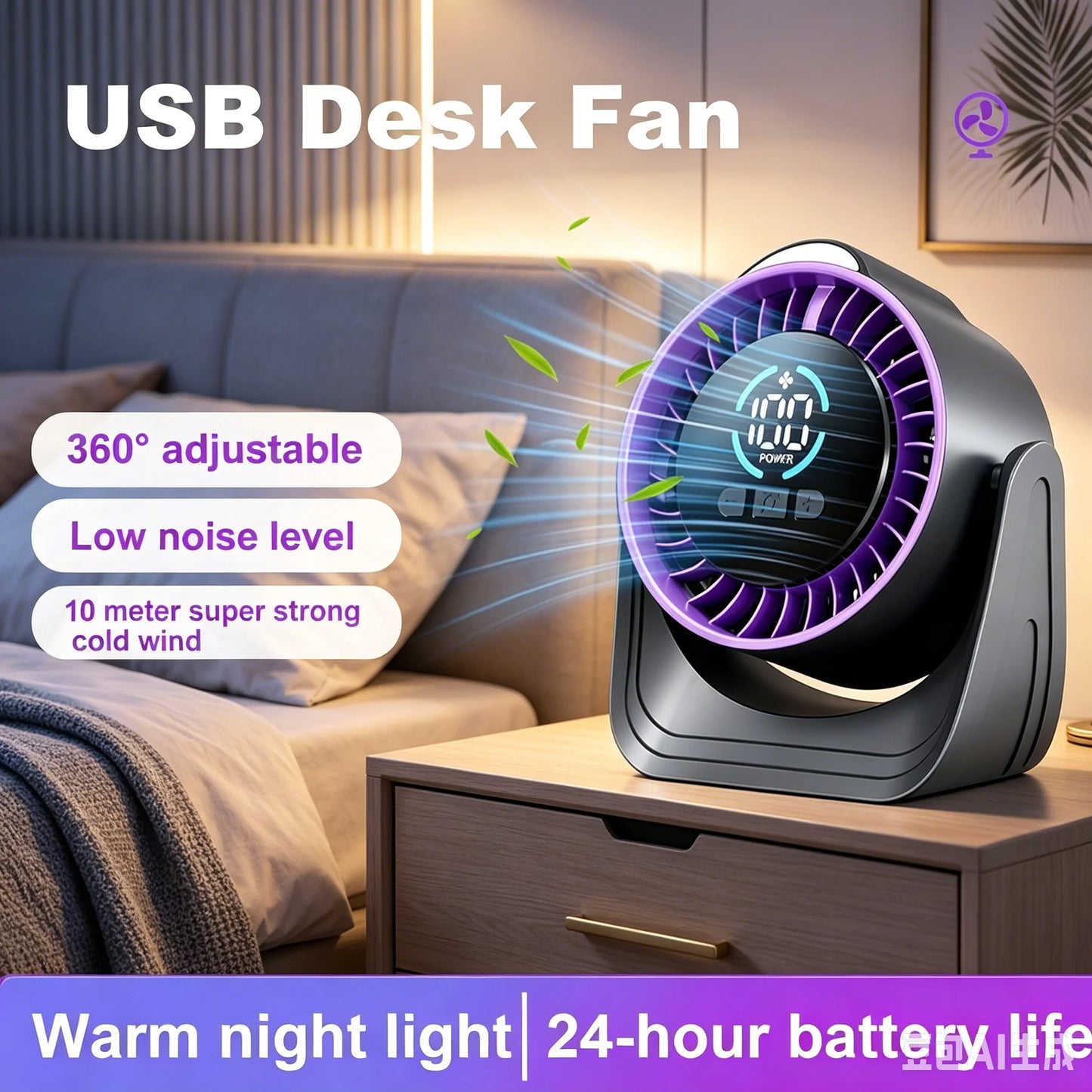 ZNLYRION Rechargeable USB Desk Air Circulation Fan 360° Adjustable 100 Speeds Quiet Table Cooling Fan with Night Light 24H Long Battery Life For Home Office Bedroom Peaceful Pleasures Health and Wellness