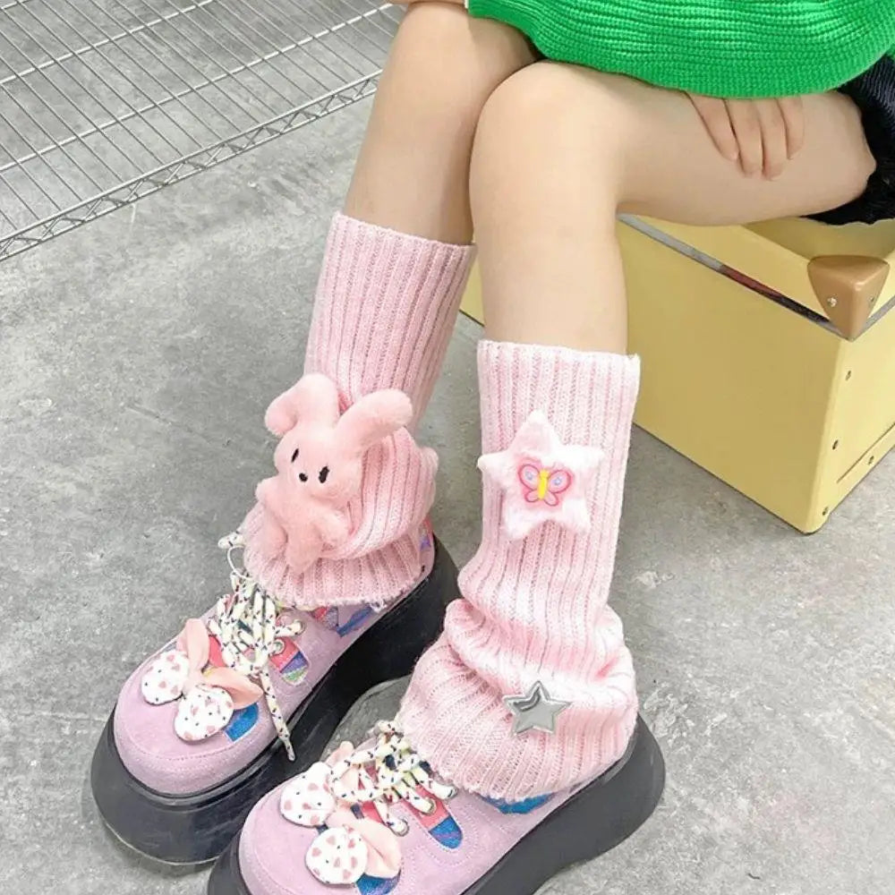 Original Design Rabbit Star Knitted Pile Socks Cute Fold Ears Rabbit Striped Knitted Sleeves Millennium Style Fashion Versatile Peaceful Pleasures Health and Wellness