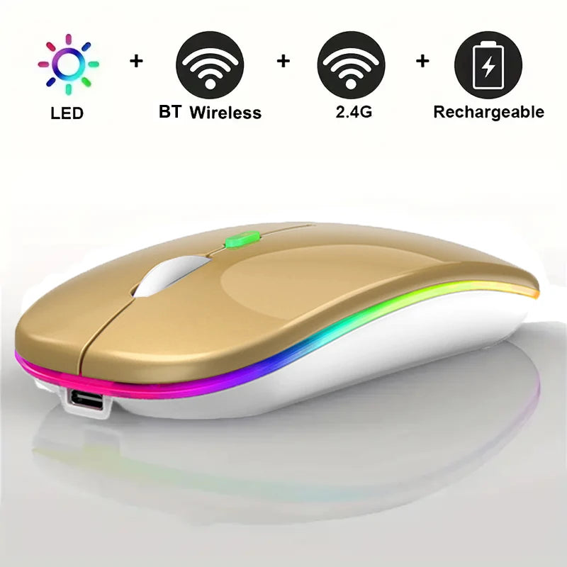 LED Bluetooth-compatible Wireless Mouse 2.4GHz Slim Rechargeable Silent Mice RGB Ergonomic Gaming mouse for Computer Laptop PC Peaceful Pleasures Health and Wellness Gold