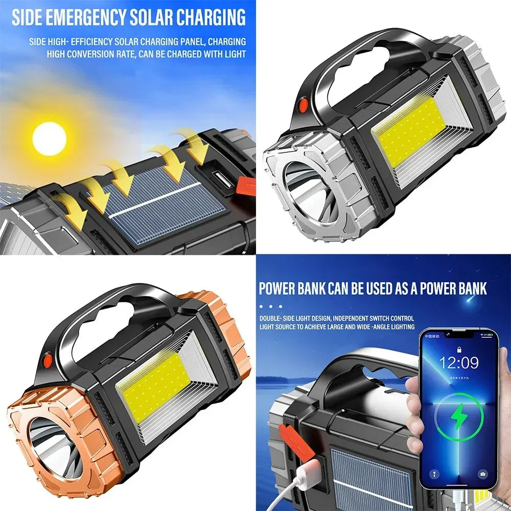 Solar USB Rechargeable LED Flashlight COB Torch & Power Bank