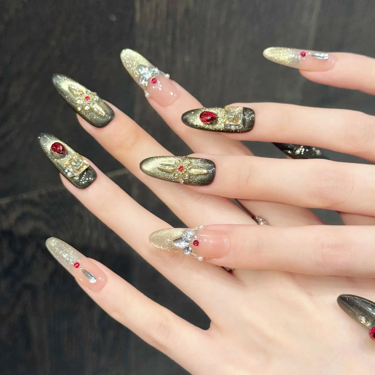 Handmade Burgundy Red Press On Nails – Glitter Cat Eye 10pcs