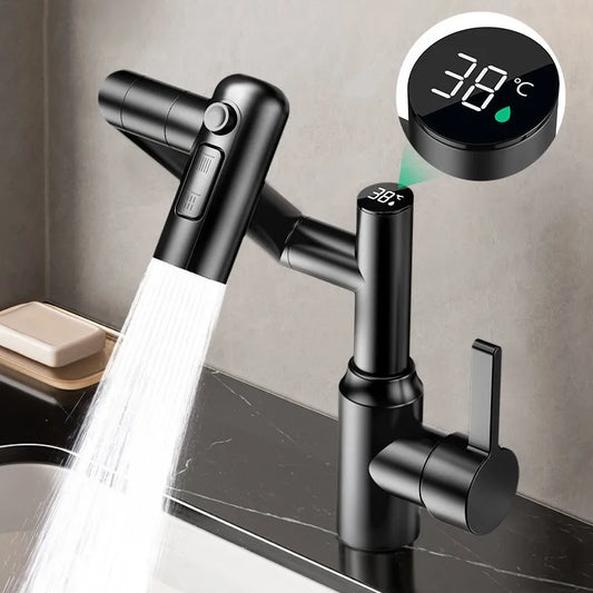 Tubeless Multi-function Digital Display Pull Stainless Steel Faucet Universal Rotation Adjustable 3 Gear Hot Cold Water Faucet Peaceful Pleasures Health and Wellness