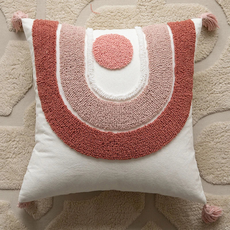 Woven Tufted Decorative Pillow Cover with Tassel Pink Boho Linen Cotton Pillowcase for Bed Living Room Sofa Cushion Home Decor Peaceful Pleasures Health and Wellness Semicircle 45x45cm