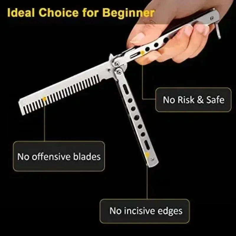 Foldable Comb Stainless Steel Practice Training Butterfly Knife Comb Beard Moustache Brushe Salon Hairdressing Styling Tool Peaceful Pleasures Health and Wellness