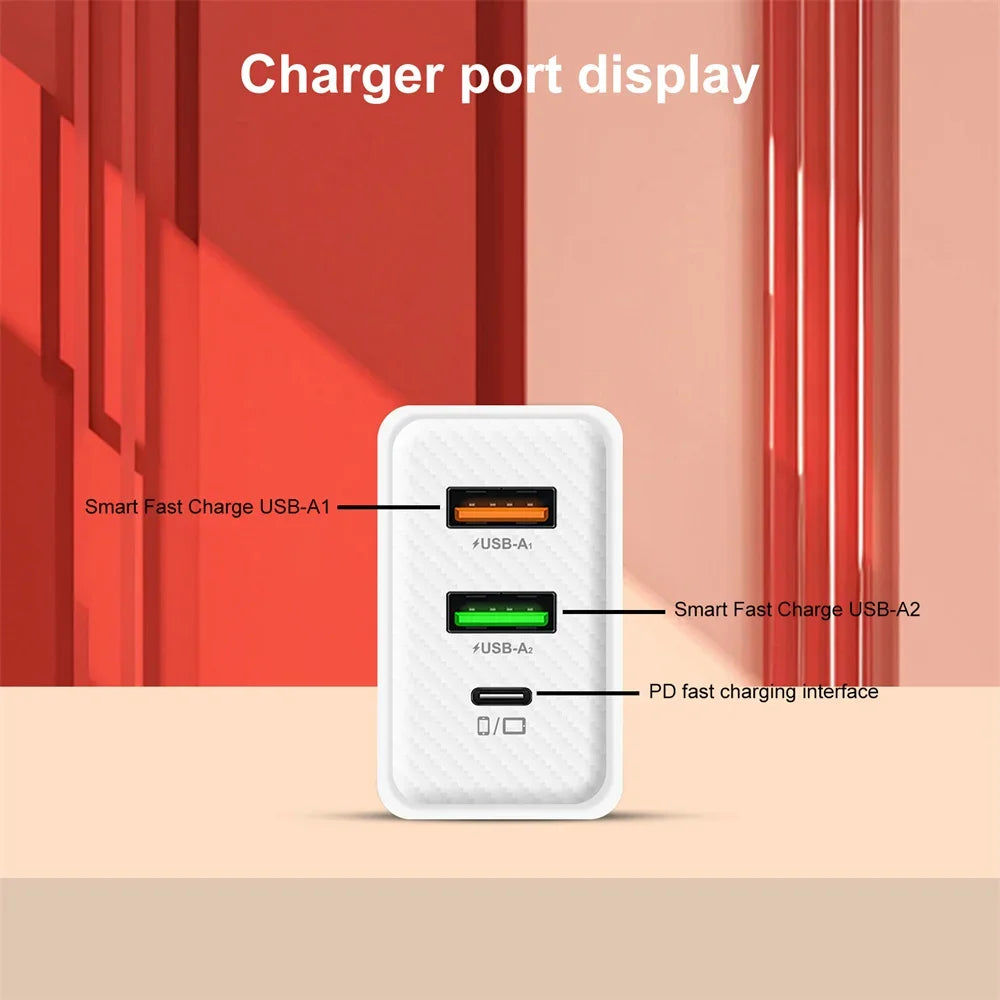 48W USB-C Fast Charger 3-Port PD QC3.0 Wall Adapter EU/US/UK