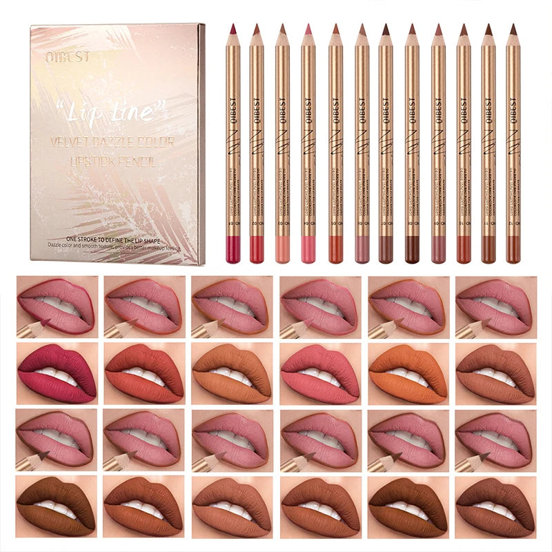 12 Colors Lip Liner Set Highlights The Color Not Easy To Smudge Lasting Non-stick Cup Golden Tube Waterproof Lip Liner Women's M Peaceful Pleasures Health and Wellness Q2324-12PCS