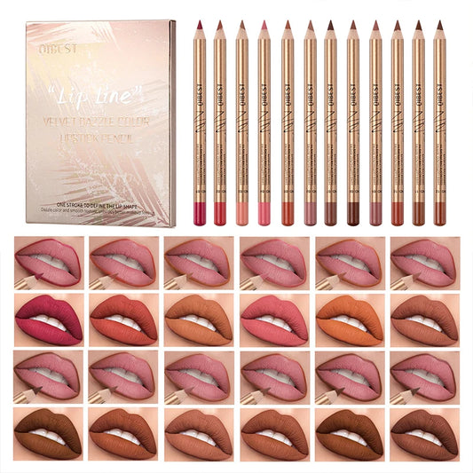12 Colors Lip Liner Set Highlights The Color Not Easy To Smudge Lasting Non-stick Cup Golden Tube Waterproof Lip Liner Women's M Peaceful Pleasures Health and Wellness Q2324-12PCS