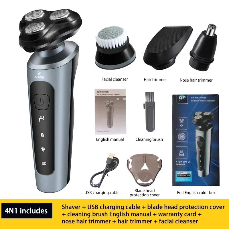 Electric Shaver Waterproof Electric Trimmer Razor Wet And Dry Use Rechargeable Battery Rotary Shavers Machine Shaving For Men Peaceful Pleasures Health and Wellness Silver 4in1