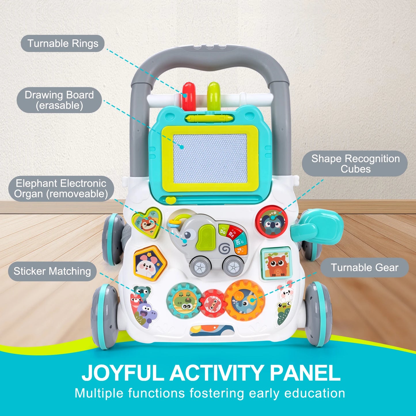 Baby Cartoon Push Walker Toys Music Drawing Board Multifunction