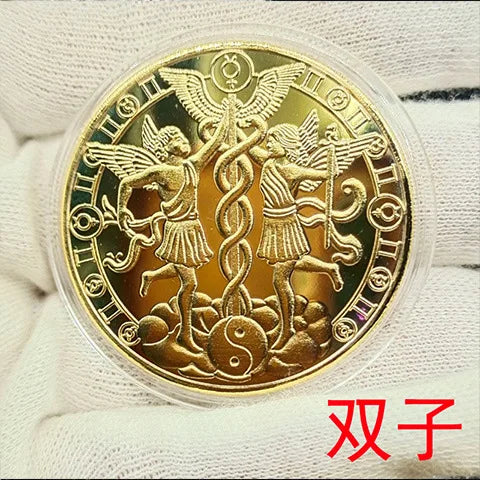 European 12 Zodiac Signs Commemorative Coin Tarot 4cm Iron Medallion Lucky Coin Wishing Coins Tooth Fairy Commemorative Coin Peaceful Pleasures Health and Wellness Gemini