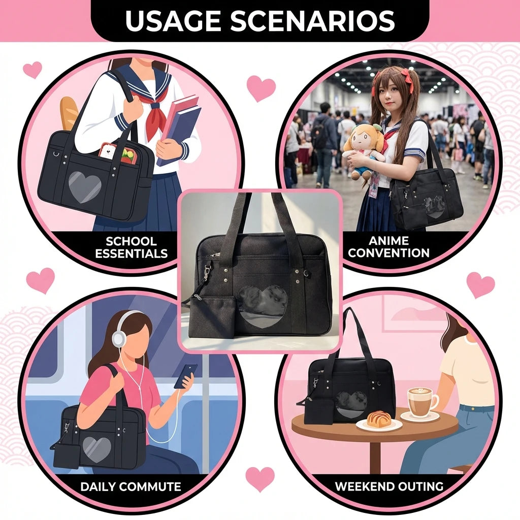 JK Uniform Style Tote Bag Anime Design Sweetheart Pattern Cute School Bag for Girls Lightweight Durable Synthetic Fiber Daily Peaceful Pleasures Health and Wellness