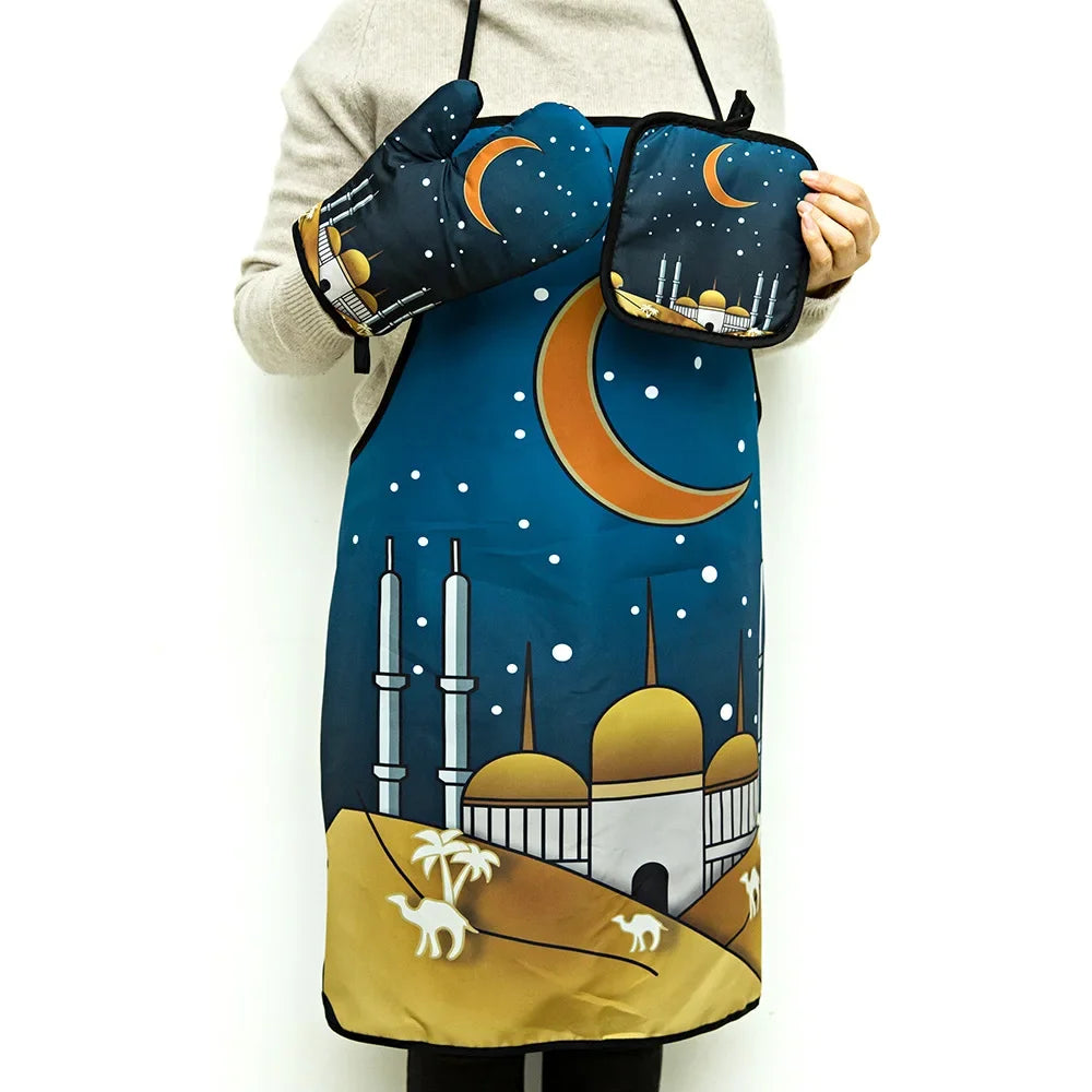 Ramadan Mubarak Kitchen Set – Apron, Oven Mitt & Pot Holder Kitchen Gift Set Peaceful Pleasures Health and Wellness E