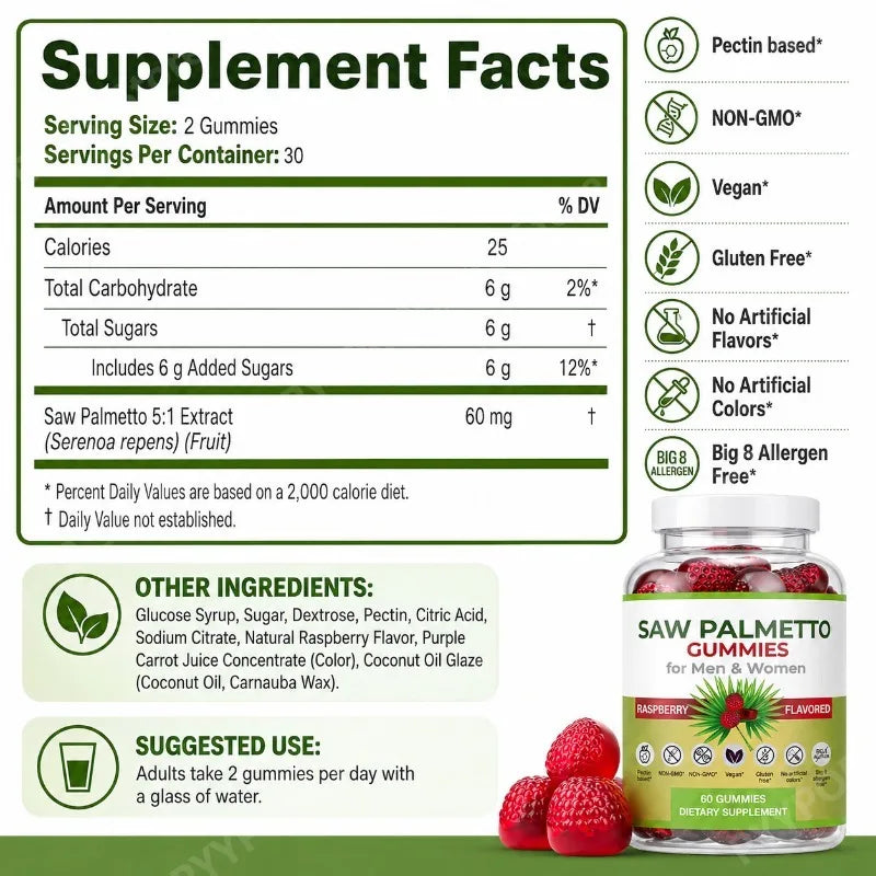 Saw Palmetto Gummies Raspberry | Non-GMO Gluten-Free 60ct