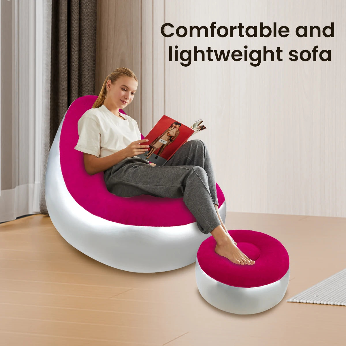 Inflatable Lazy Sofa Chair Folding Portable Lazy Sofa with Foot Stool Air Couch Sofa for Livingroom and Bedroom Peaceful Pleasures Health and Wellness