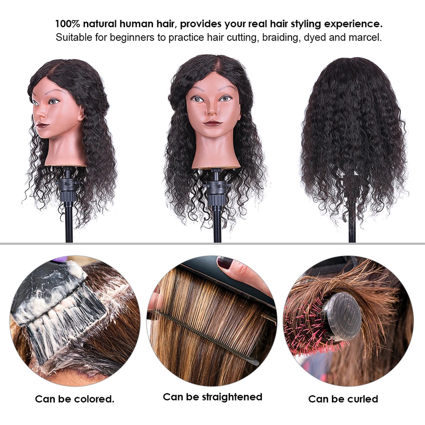 Hairdresser Training Head Mannequin 100 Real Hair Tripod Manikin