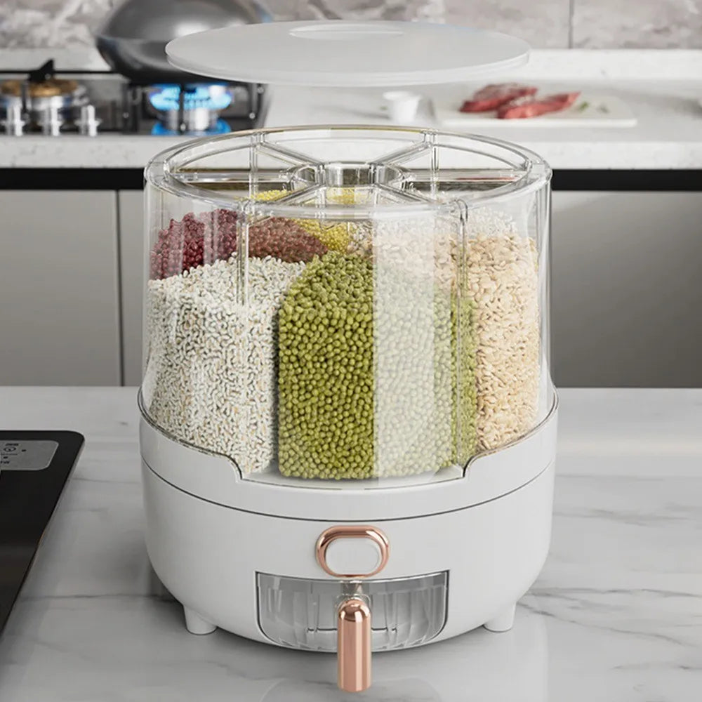 Rotating 6-Grid Rice Dispenser, Airtight Grain Storage Container Large Capacity Kitchen Food Canister for Cereal, Beans Peaceful Pleasures Health and Wellness
