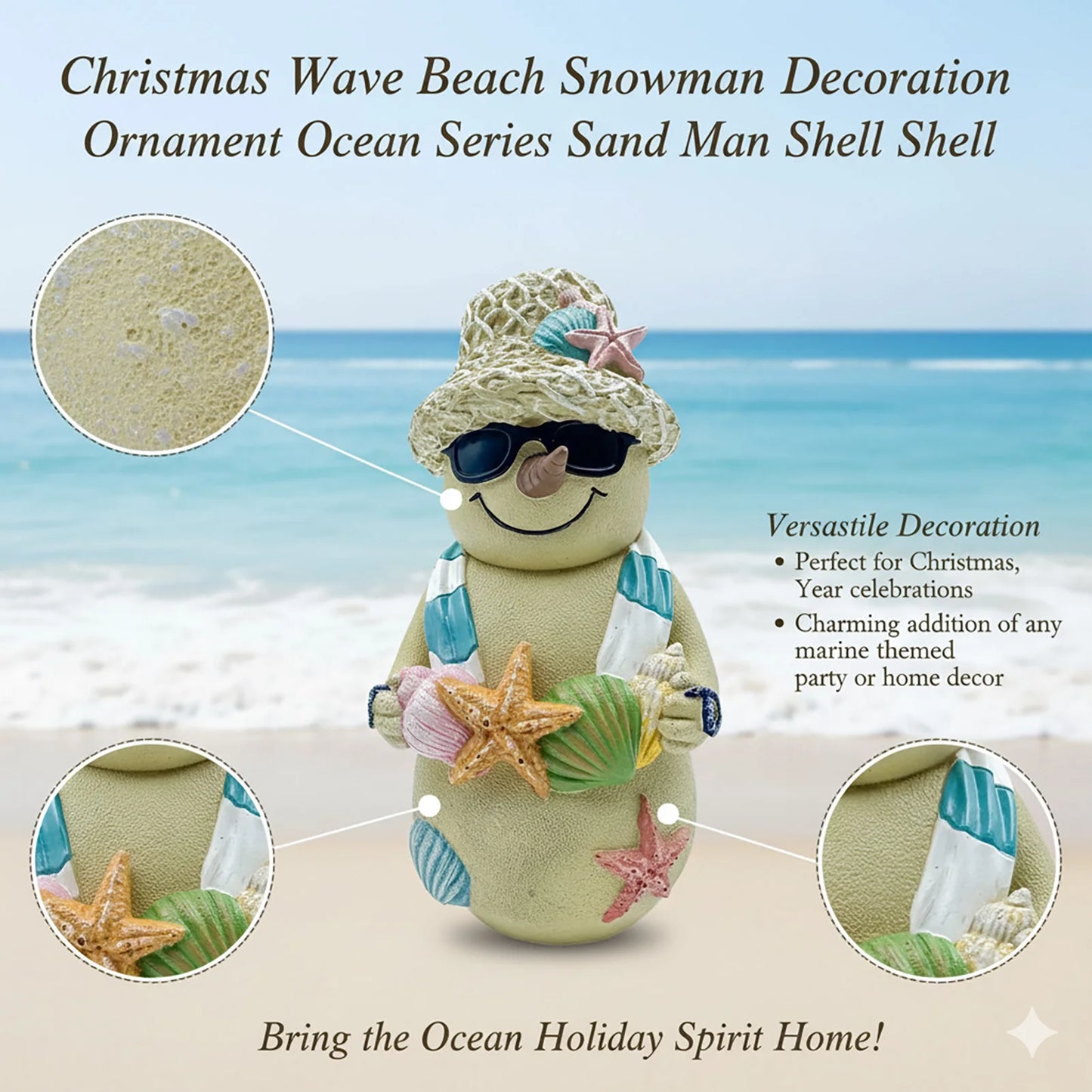 Christmas Beach Snowman Decor 18cm Ocean Theme Resin Ornament with Seashells for Holiday Tabletop Gift Display Peaceful Pleasures Health and Wellness