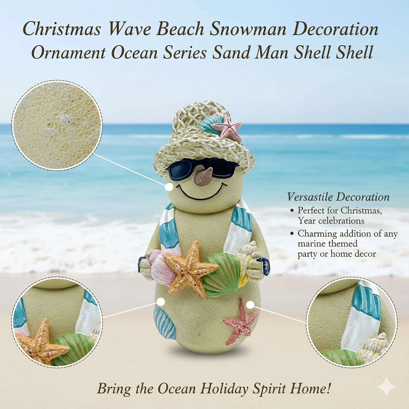 Christmas Beach Snowman Decor 18cm Ocean Theme Resin Ornament with Seashells for Holiday Tabletop Gift Display Peaceful Pleasures Health and Wellness