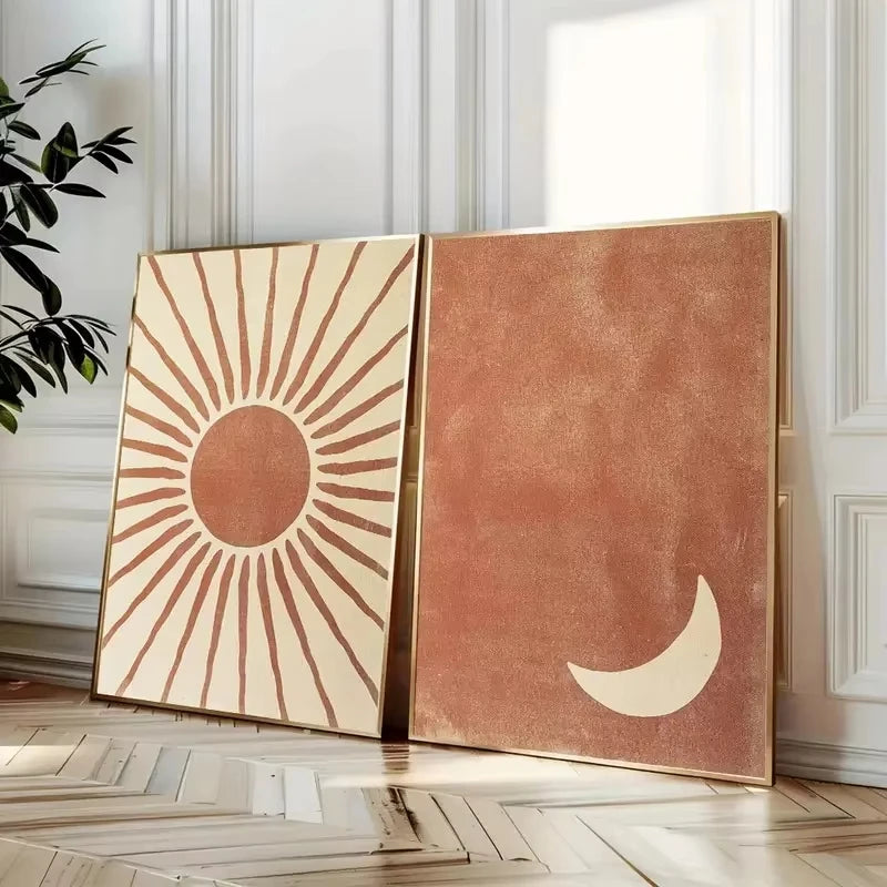 Retro Bohemian Moon & Sun Canvas Wall Art | Minimalist Decor